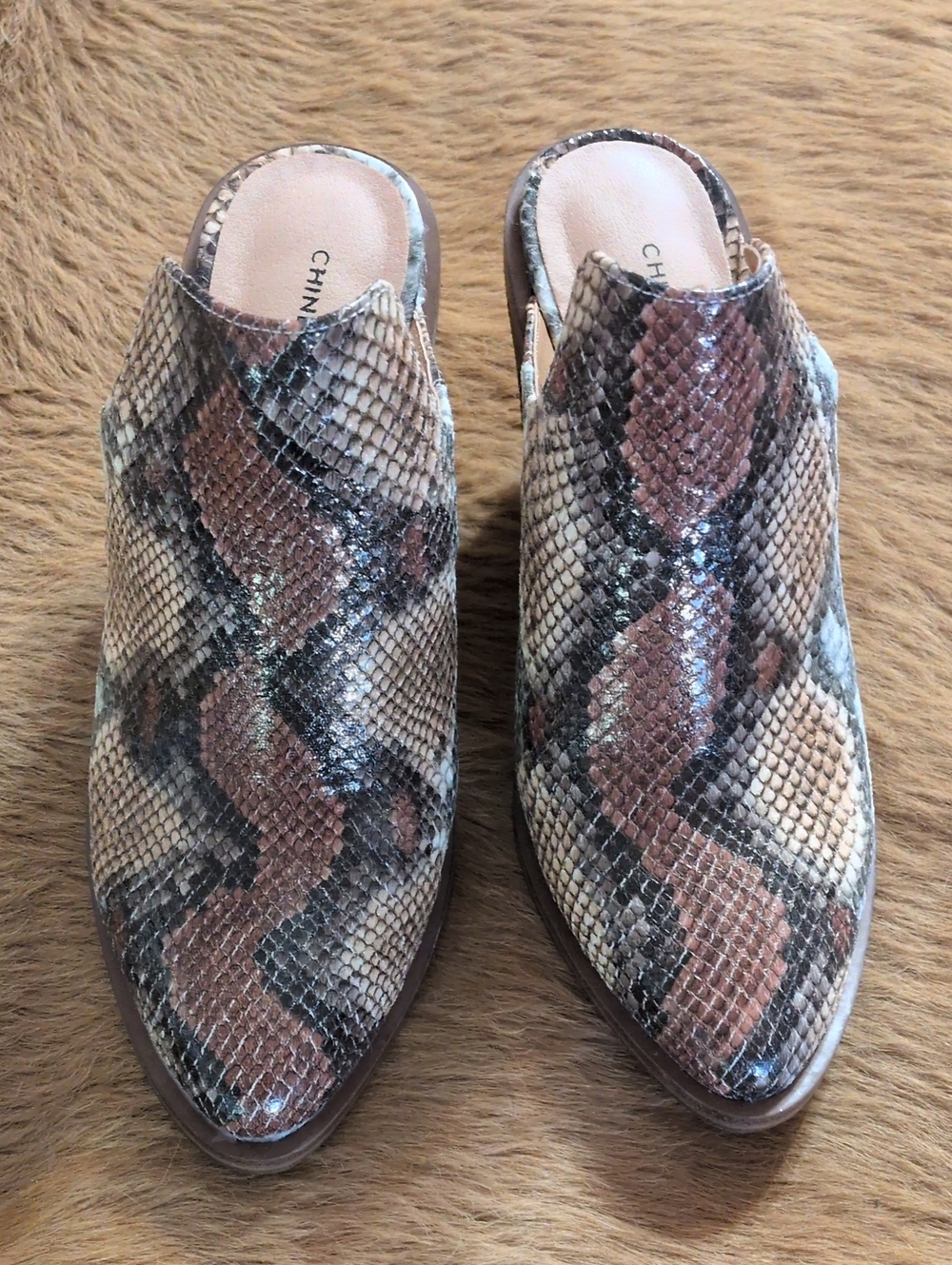 Chinese Laundry Women’s Snake-Print Slip-On Mules in Brown